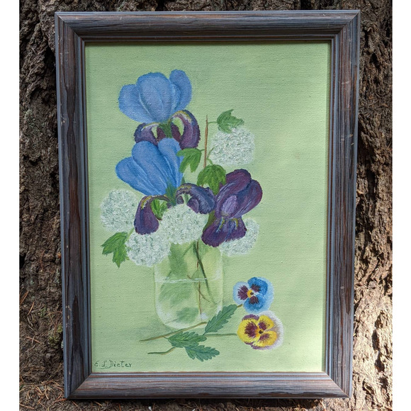 Vintage Mid-Century Floral Oil Painting, Pansies Iris Snowballs, Mint Green - Picture 10 of 10